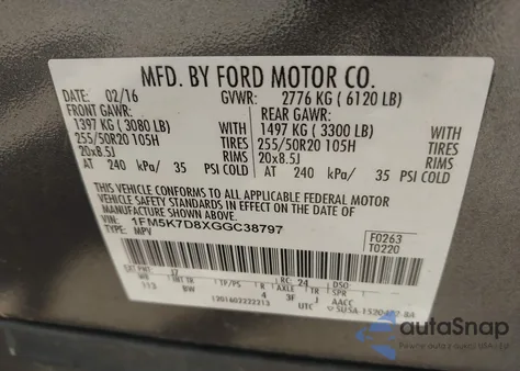 2016 Ford Explorer Xlt из США, поврежденный, VIN 1FM5K7D8XGGC38797